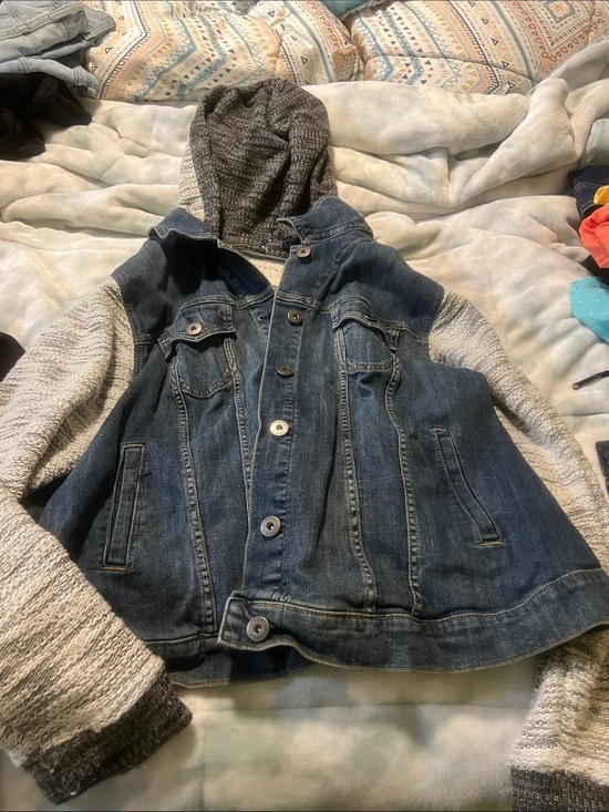 torrid Jackets & Blazers - torrid Blue Denim Jacket with Gray Knit Hood & Sleeves